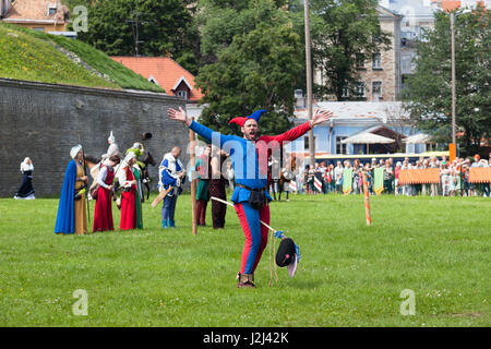 TALLINN, ESTONIA - 01 MAY 2016: Medieval jester runs the event Stock Photo