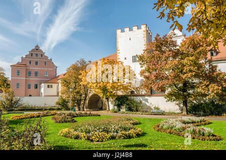 Autumn colored city park at the historical Watergate in Amberg, Bavaria, Germany Stock Photo