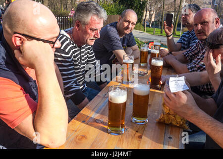 People meetings, men drinking beer, Czech beer garden, Czech Republic Stock Photo