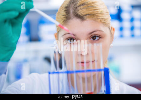 Female scientist using pipette in the laboratory. Stock Photo