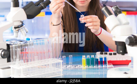 Chemistry student using pipette. Stock Photo