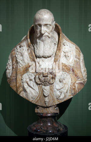 Marble bust of Pope Paul III by Italian late-Renaissance sculptor Guglielmo della Porta (ca. 1560) on display in the Museo di Capodimonte in Naples, Campania, Italy. Stock Photo