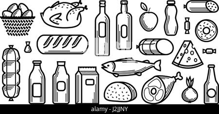 Grocery store. Food and drinks icons set. Vector illustration Stock Vector