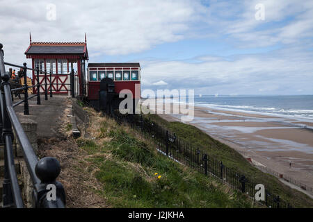 The famous water-powered funicular cliff lift at Saltburn by the Sea,England,UK,ready to transport people to the beach area Stock Photo