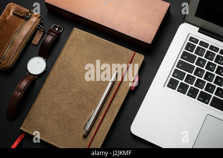 Top view of masculine vintage workspace Stock Photo