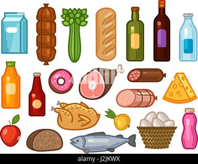 Food and drinks icons set. Grocery shopping concept. Vector illustration drawn in flat design style Stock Vector