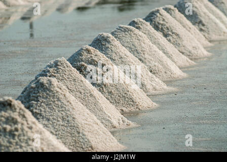 Brine salt collected in piles and lined up for packing and sale, Samut Sakhon, Thailand Stock Photo