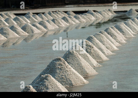 Brine salt collected in piles and lined up for packing and sale, Samut Sakhon, Thailand Stock Photo