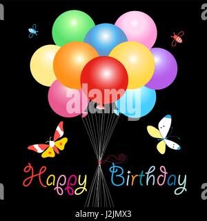 Greeting card with colorful balloons and butterflies with a Happy Birthday Stock Vector
