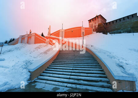 The Chkalov stairs in Nizhny Novgorod on the background of the Kremlin Stock Photo