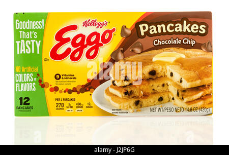 Winneconne, WI - 22 April 2017: Box of Eggo pancakes in chocolate chip flavor on an isolated background. Stock Photo