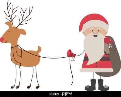 colorful silhouette caricature of santa claus with gift bag and reindeer holding by rope Stock Vector