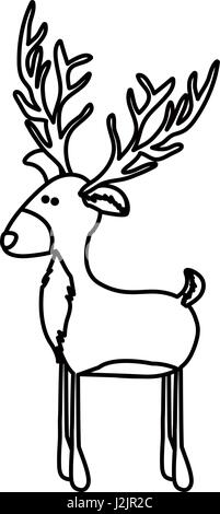 monochrome contour of funny reindeer stand with big horns Stock Vector