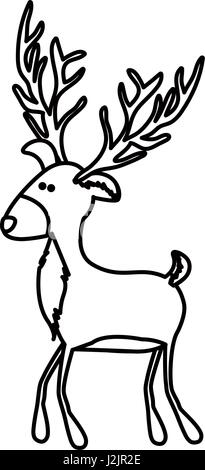 monochrome contour of funny reindeer walking Stock Vector