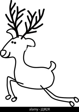 monochrome contour caricature of funny reindeer jumping Stock Vector