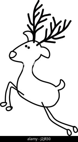 monochrome contour caricature of funny flying reindeer Stock Vector