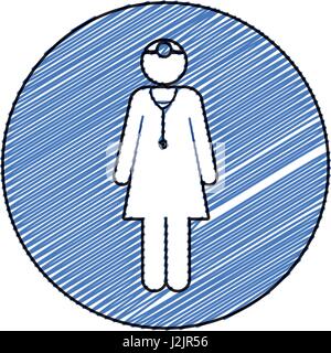 color pencil drawing circular frame with pictogram female doctor with uniform Stock Vector