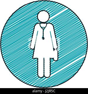 color pencil drawing circular frame with pictogram female doctor with uniform and first aid kit Stock Vector