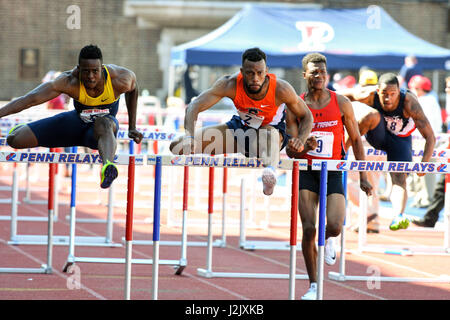 Philadelphia, Pennsylvania, USA. 28th Apr, 2017. FREDDIE CRITTENDEN, (2) from Syracuse University, competing in the CM 110M hurdles during the Penn Relays at the historic Franklin Field in Philadelphia PA Credit: Ricky Fitchett/ZUMA Wire/Alamy Live News Stock Photo