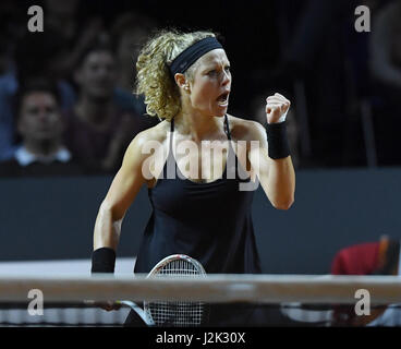 Stuttgart, Germany. 28th Apr, 2017. Laura Siegemund from Germany in action during the women's single tennis match between Pliskova and Siegemund at the Tennis WTA Tour in Stuttgart, Germany, 28 April 2017. Photo: Bernd Weissbrod/dpa/Alamy Live News Stock Photo