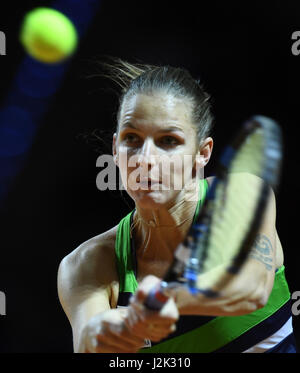 Stuttgart, Germany. 28th Apr, 2017. Karolina Pliskova from the Czech Republic in action during the women's single tennis match between Pliskova and Siegemund at the Tennis WTA Tour in Stuttgart, Germany, 28 April 2017. Photo: Bernd Weissbrod/dpa/Alamy Live News Stock Photo