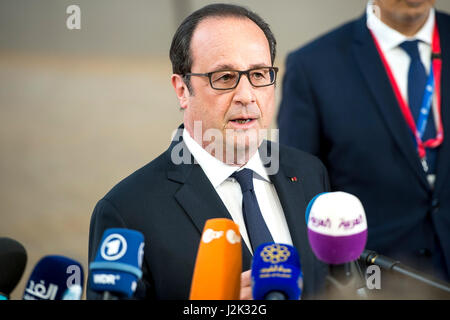 Brussels, Bxl, Belgium. 29th Apr, 2017. French President Francois Hollande arrives prior to the European Summit on Art. 50, Brexit at European Council headquarters in Brussels, Belgium on 29.04.2017 by Wiktor Dabkowski Credit: Wiktor Dabkowski/ZUMA Wire/Alamy Live News Stock Photo