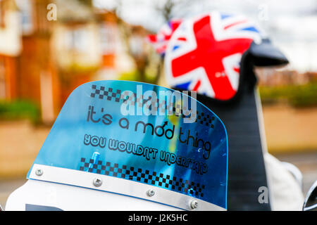 Troon, Ayrshire, UK. 29th Apr, 2017. The annual West of Scotland scooter rally was held in Troon, Ayrshire and it attracted several hundred Lambrettas, Vespas and other makes of scooters, both old and new, from all across Scotland. Because of its popularity, the event is now held over three days with attractions such as live bands, specialist stalls and retailers and prizes for various competitions like 'the best kept scooter' Credit: Findlay/Alamy Live News Credit: Findlay/Alamy Live News Stock Photo