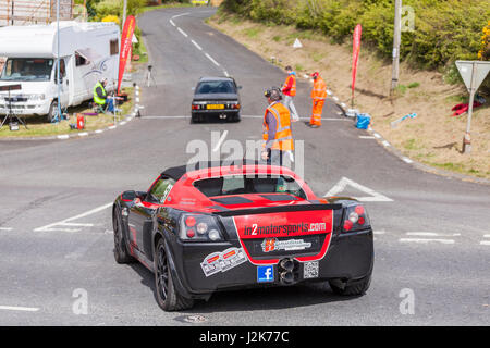 Belfast, Northern Ireland, UK, 29th April 2017. Craigantlet Hill Climb, organised by The Ulster Automobile Club is held in the hills above Belfast. Cars wait their turn at the start. Credit J Orr/Alamy Live News Stock Photo