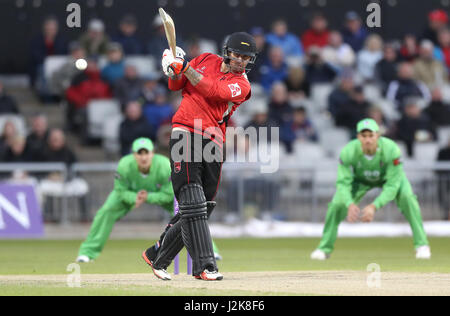 Leicestershire's Cameron Delport hits out against Lancashire, during the Royal London One Day Cup match at Old Trafford, Manchester. PRESS ASSOCIATION Photo. Picture date: Friday April 28, 2017. See PA story cricket Lancashire. Photo credit should read: Martin Rickett/PA Wire. RESTRICTIONS: Editorial use only. No commercial use without prior written consent of the ECB. Still image use only. No moving images to emulate broadcast. No removing or obscuring of sponsor logos. Stock Photo