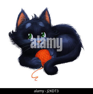 Cute Little Happy Furry Kitten - Cartoon Animal Character Mascot Lying Down and Holding on Tight to a Ball Stock Photo