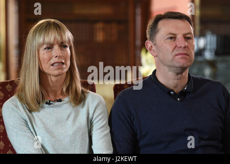 Embargoed to 0001 Sunday April 30 Kate and Gerry McCann, whose daughter Madeleine disappeared from a holiday flat in Portugal ten years ago, during an interview with the BBC's Fiona Bruce at Prestwold Hall in Loughborough. Stock Photo