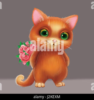 Cute Smiling Furry Kitten Holding Flowers as Present for Loved One - Green-Eyed Hand-Drawn Cartoon Animal Character Stock Photo