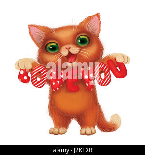 Cute Smiling Furry Kitten Holding Heart Sign with I Love You Confession of Feelings - Hand-Drawn Cartoon Animal Character Stock Photo