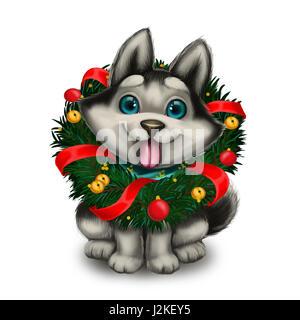Season's Greetings with Cute Husky Puppy Wearing Holiday Wreath - Merry Christmas, Happy New Year - Hand-Drawn Cartoon Character