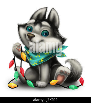 Season's Greetings with Cute Husky Puppy Playing with Holiday Toys - Merry Christmas and Happy New Year - Cartoon Character