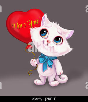 Cute Smiling White Kitten Holding Heart Balloon with I Love You Sign of Feelings - Blue-Eyed Hand-Drawn Cartoon Animal Character Stock Photo