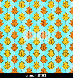 Colorful pattern of orange and yellow stylized fall leaves on light sky blue checkered background. Vector seamless repeat. Stock Vector