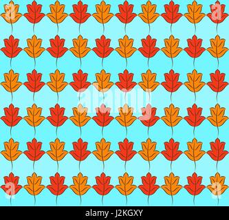Colorful pattern of orange and yellow stylized fall leaves on light blue striped background. Vector seamless repeat. Stock Vector