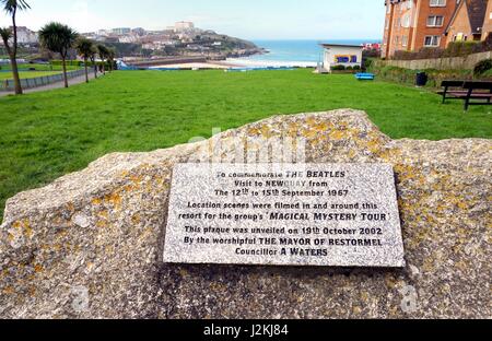 Newquay, Cornwall, UK - April 1 2017: Stone plaque commemorating the 1967 visit by The Beatles to film Magical Mystery Tour Stock Photo