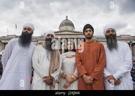 Members of the Gurmat Sangeet Academy in Birmingham attend the Vaisakhi Festival 2017 in Trafalgar Square, central London, to mark the Sikh New Year, the holiest day of the calendar for over 20 million Sikhs worldwide. Stock Photo