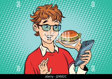 Online food delivery, a teenager uses a smartphone app Stock Vector