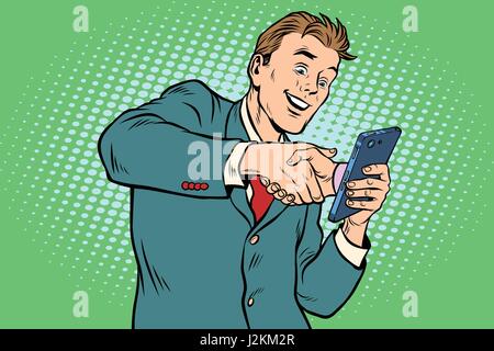 business handshake via smartphone Stock Vector