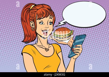 girl teenager online ordering the Burger fast food Stock Vector