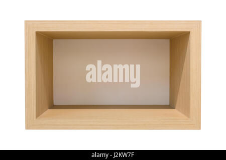 Empty wooden shelves isolated on white background. Clipping paths included. Stock Photo