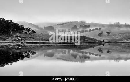 Black white wide panorama of hills and grazing farm around Lake Lyell on Coxs river in Blue Mountains of Australia. Foggy morning covers landscape whi Stock Photo