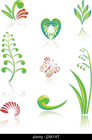 Collection of Maori Koru Design Elements with Color and Reflections Stock Vector