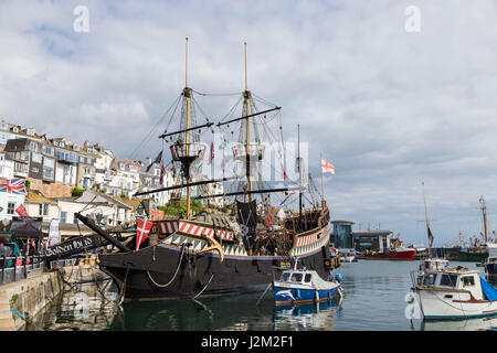 The Golden Hind moored at Brixham Harbour, South Devon, UK. Stock Photo