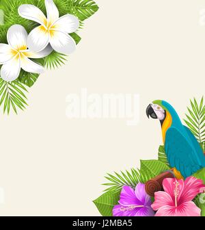 Exotic Border with Parrot Ara, Flowers Plumeria and Hibiscus Stock Vector