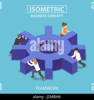 Flat 3d isometric business team pushing a big cogwheel. Teamwork concept. Stock Vector