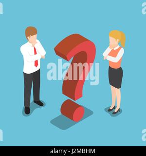 Flat 3d isometric confused businessman and businesswoman with question mark sign. Stock Vector